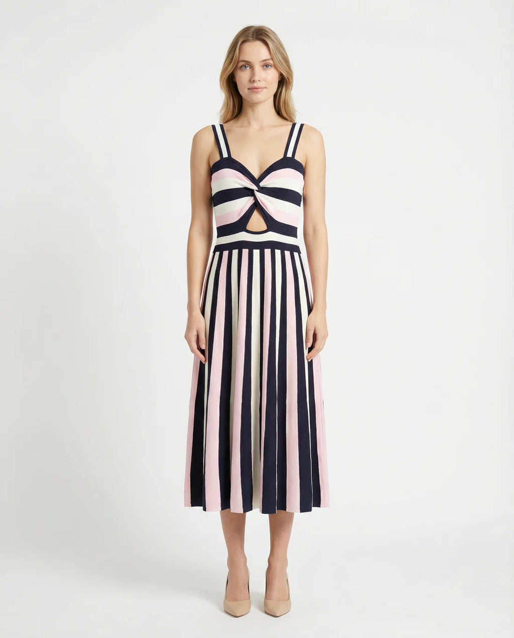 Vestido midi punto rayas navy y rosa