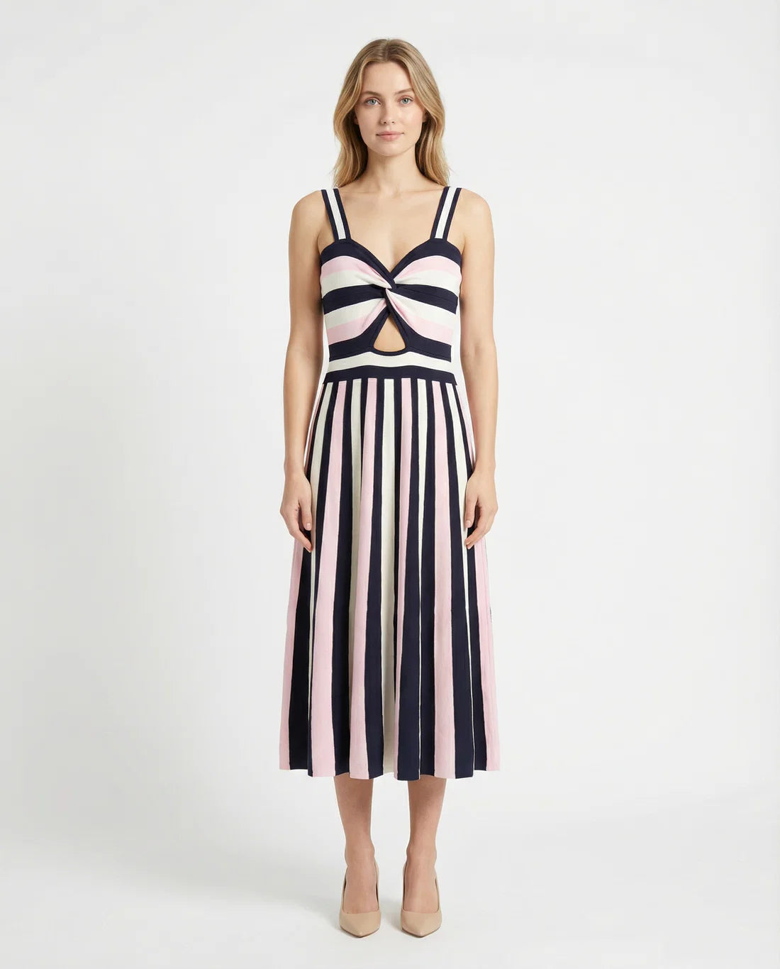 Vestido midi punto rayas navy y rosa