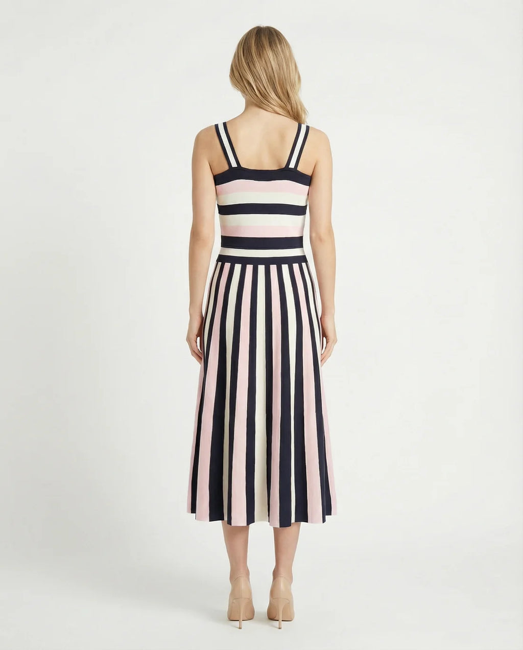 Vestido midi punto rayas navy y rosa
