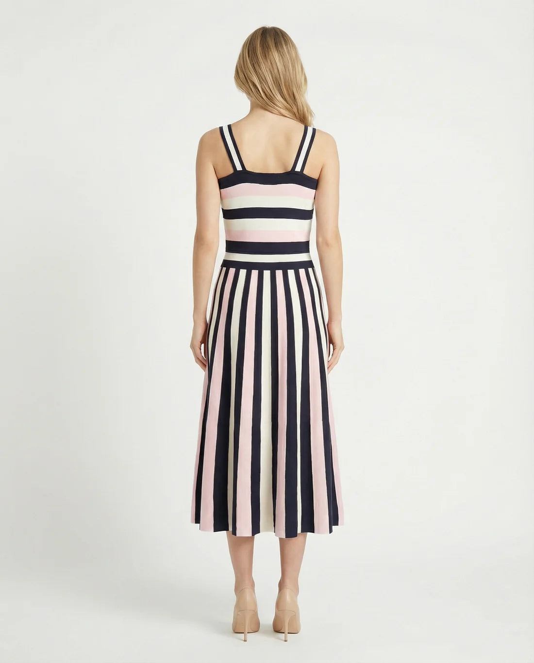 Vestido midi punto rayas navy y rosa