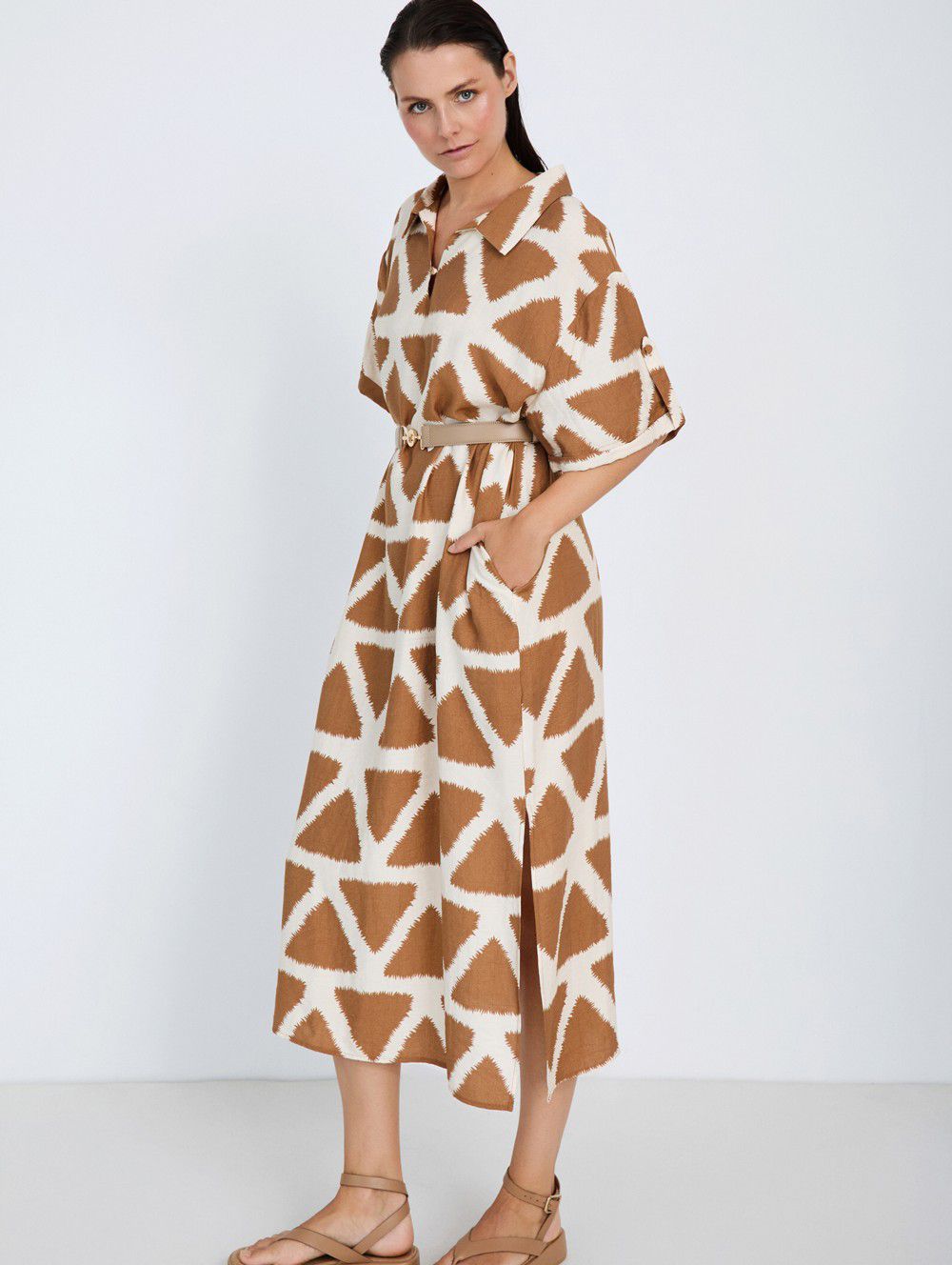 Vestido Camisero Estampado Camel